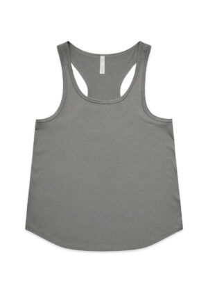 Grey racerback tank top laid flat on a white background (back view) with a small tag at the neckline center.