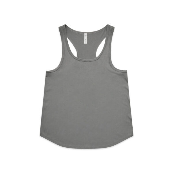 Grey racerback tank top laid flat on a white background (back view) with a small tag at the neckline center.