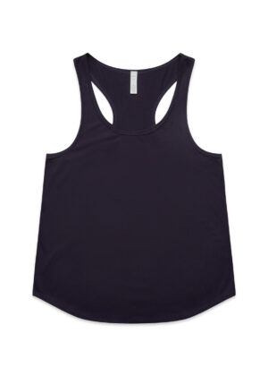 Navy sleeveless tank top with a racerback and curved hem, shown from front