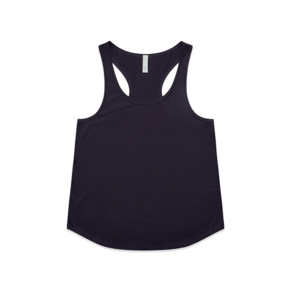 Navy sleeveless tank top with a racerback and curved hem, shown from front