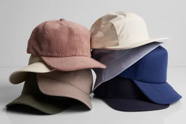 image of two stacks of 4 caps and hats to show headwear category