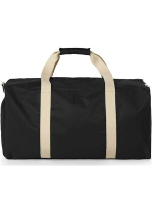 Black duffel bag with beige straps and a padded top handle, isolated on white background.