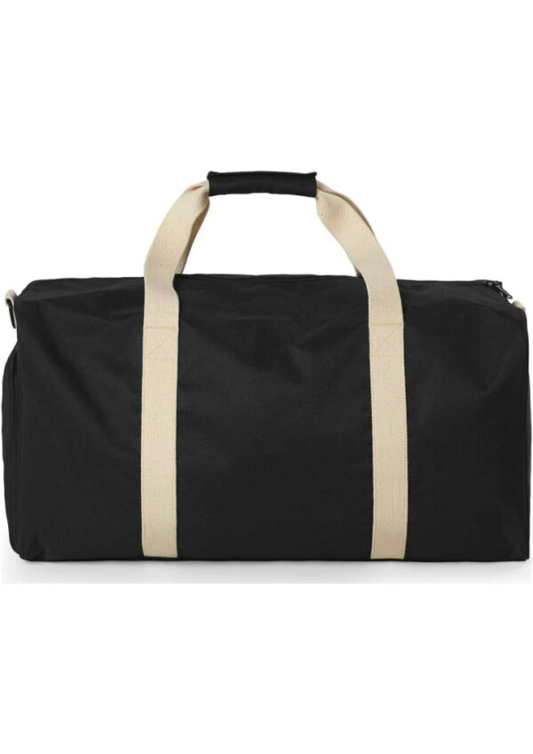 Black duffel bag with beige straps and a padded top handle, isolated on white background.