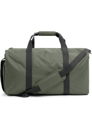 Olive green duffel bag with black carry handles and a detachable shoulder strap.