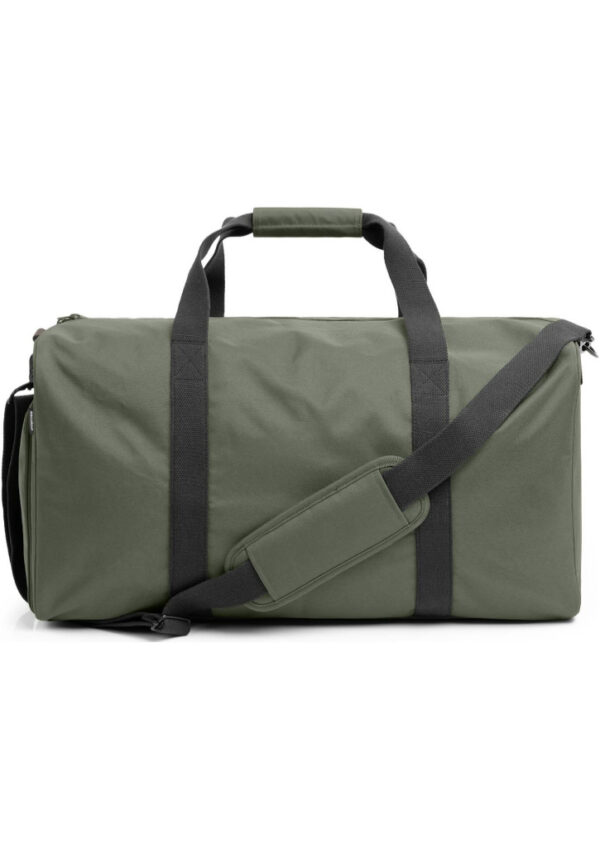 Olive green duffel bag with black carry handles and a detachable shoulder strap.