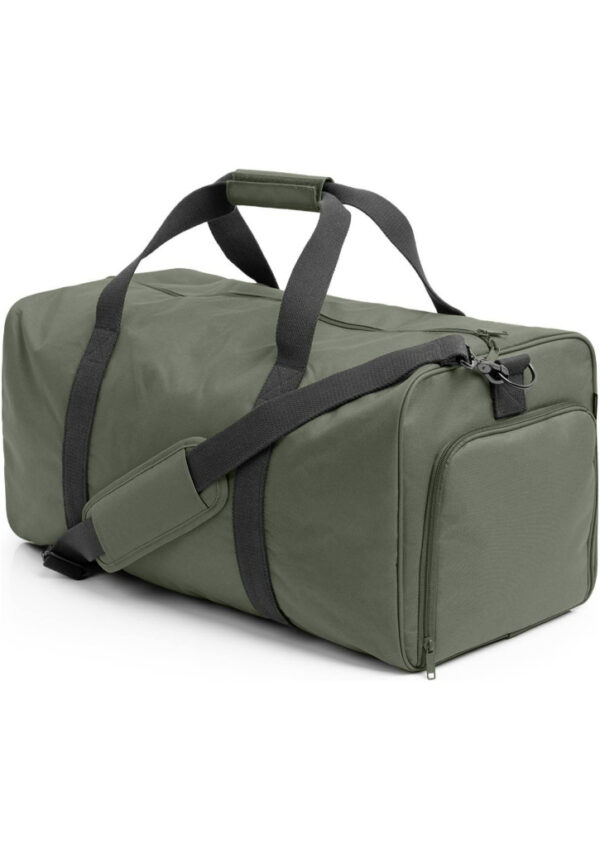 Olive green duffel bag with black handles and adjustable shoulder strap on a white background.