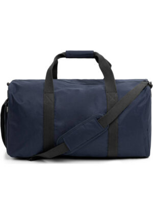Navy blue duffel bag with black handles and a detachable shoulder strap