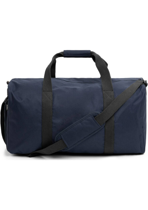 Navy blue duffel bag with black handles and a detachable shoulder strap