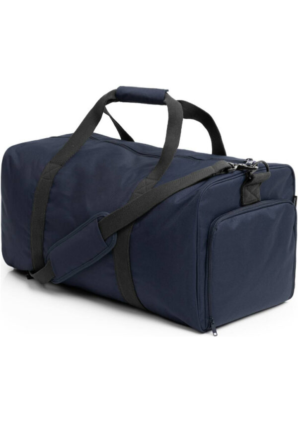 Navy blue duffel bag with black shoulder strap and handles, side zip pocket.