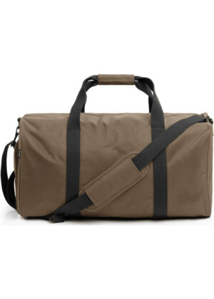 Brown duffel bag with black handles and a detachable shoulder strap on a white background