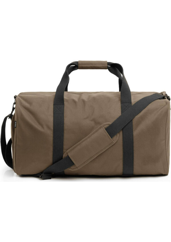Brown duffel bag with black handles and a detachable shoulder strap on a white background