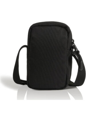 Black compact crossbody bag with adjustable strap on a white background