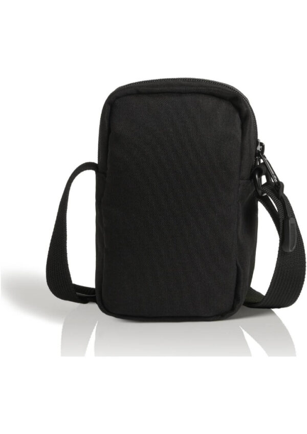 Black compact crossbody bag with adjustable strap on a white background