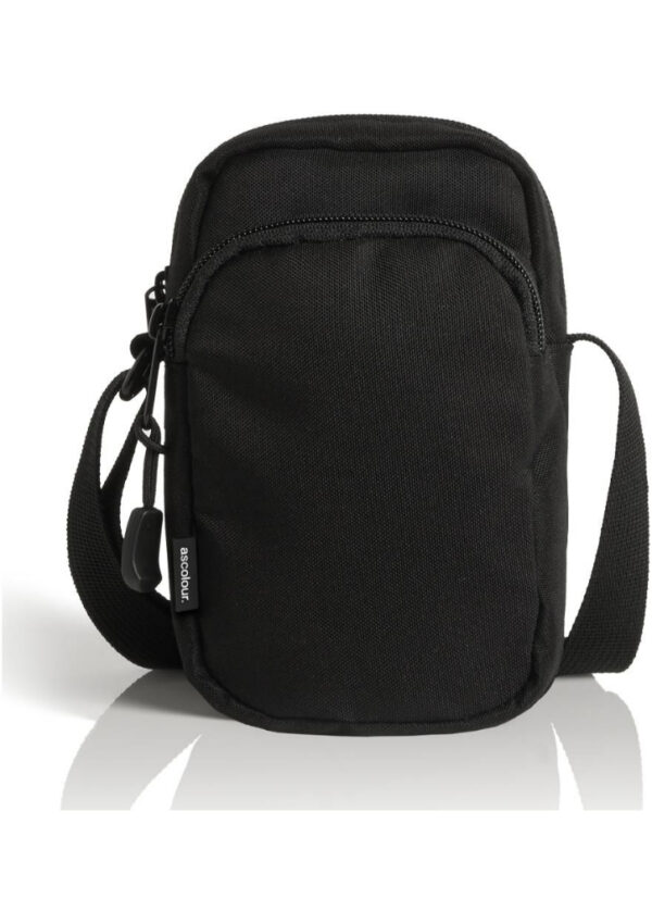 Black compact crossbody bag with zippered front pocket and adjustable strap on a white background