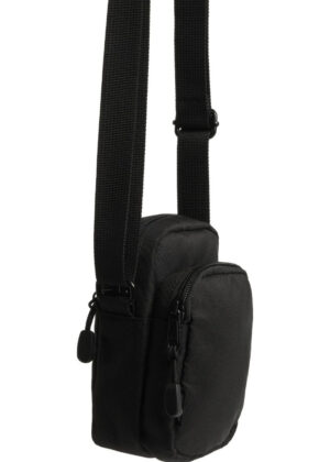 Black small crossbody bag with two zip compartments and an adjustable shoulder strap.