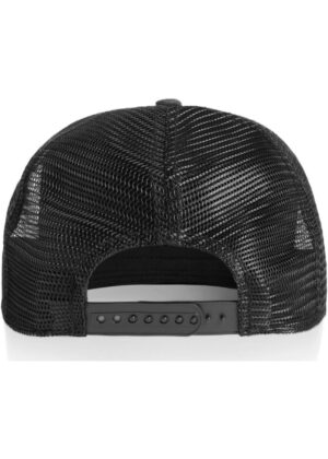 Back view of a black mesh baseball cap with an adjustable plastic snap closure and curved brim (trucker style).