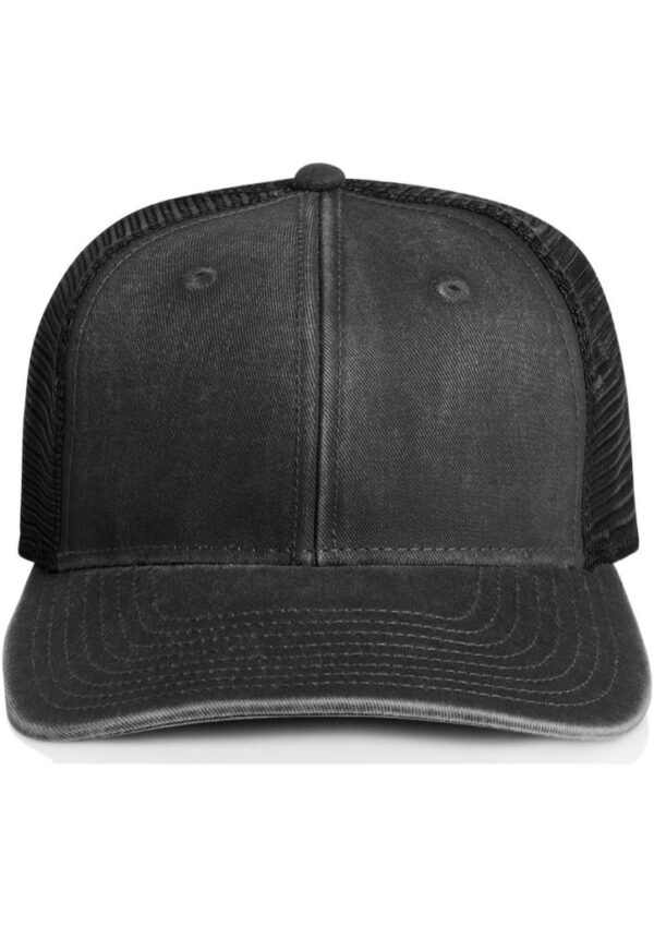 Front view of a black trucker cap with a curved brim and mesh back panels behind the crown of the hat, shown against a white background.