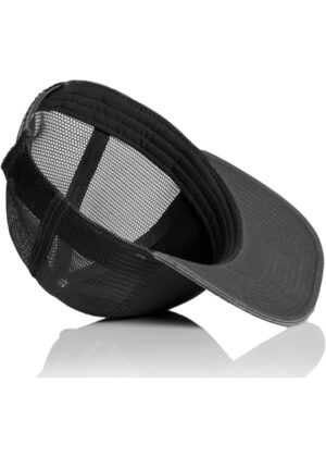Black mesh-back trucker cap with a curved gray brim, shown from a tilted side view.