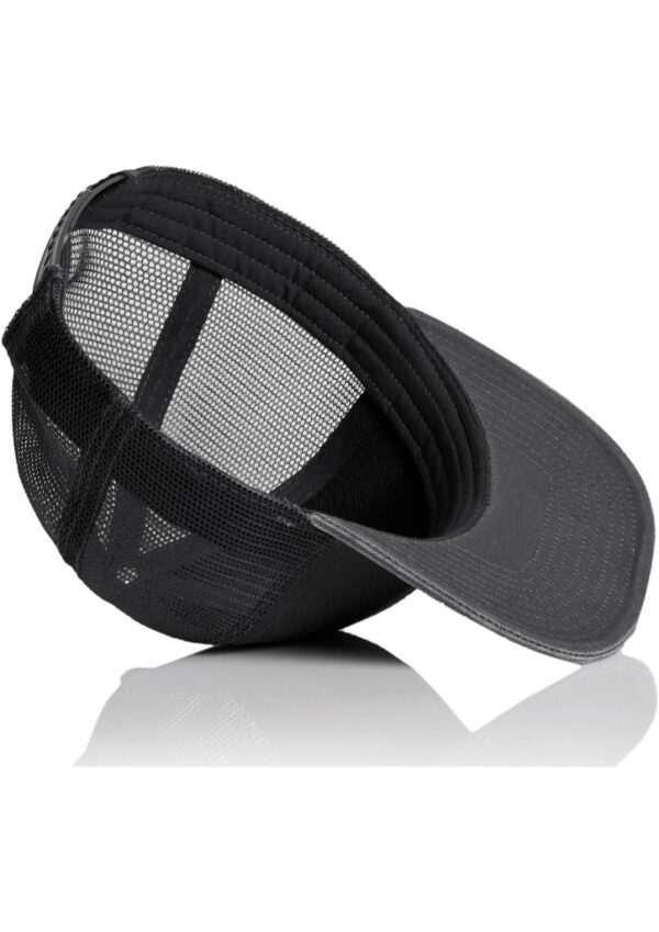 Black mesh-back trucker cap with a curved gray brim, shown from a tilted side view.