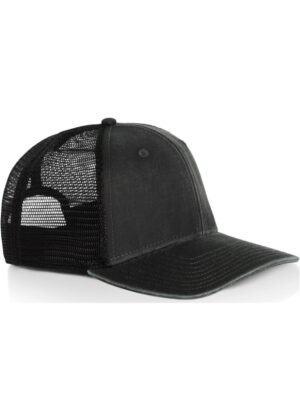 Black trucker cap with a mesh back and curved brim seen from the side/slightly rear view