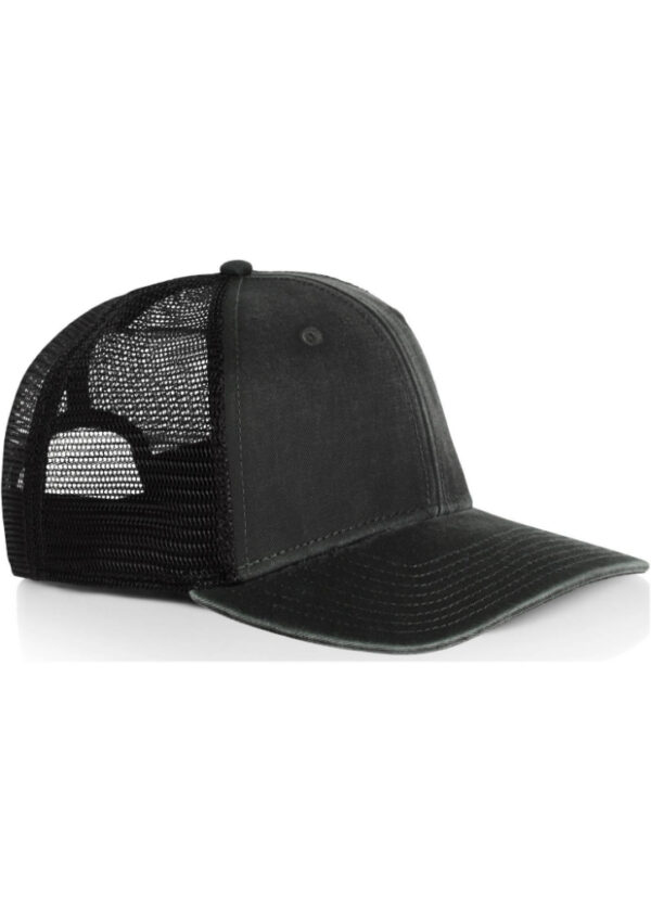 Black trucker cap with a mesh back and curved brim seen from the side/slightly rear view