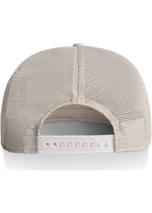 Back view of beige mesh trucker hat with plastic snap-adjuster and curved brim edge visible