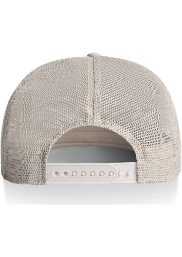 Back view of beige mesh trucker hat with plastic snap-adjuster and curved brim edge visible