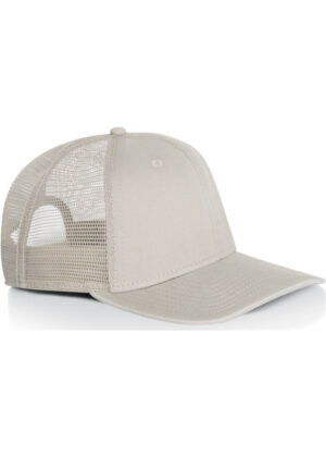 Beige trucker cap with mesh back and curved brim, facing left.