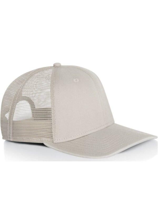 Beige trucker cap with mesh back and curved brim, facing left.