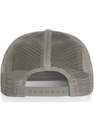 Gray mesh trucker hat viewed from the back, showing a plastic snapback closure and breathable mesh panels.