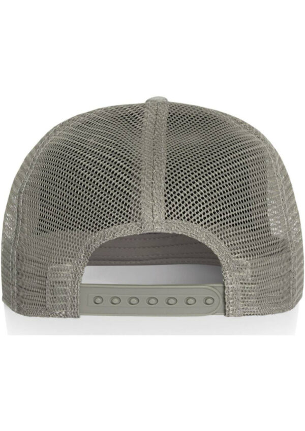 Gray mesh trucker hat viewed from the back, showing a plastic snapback closure and breathable mesh panels.
