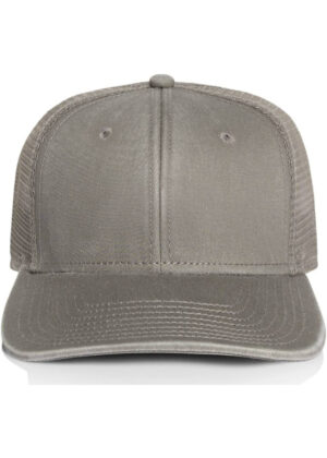 Front view of a solid gray baseball cap with a curved brim and small button on top.