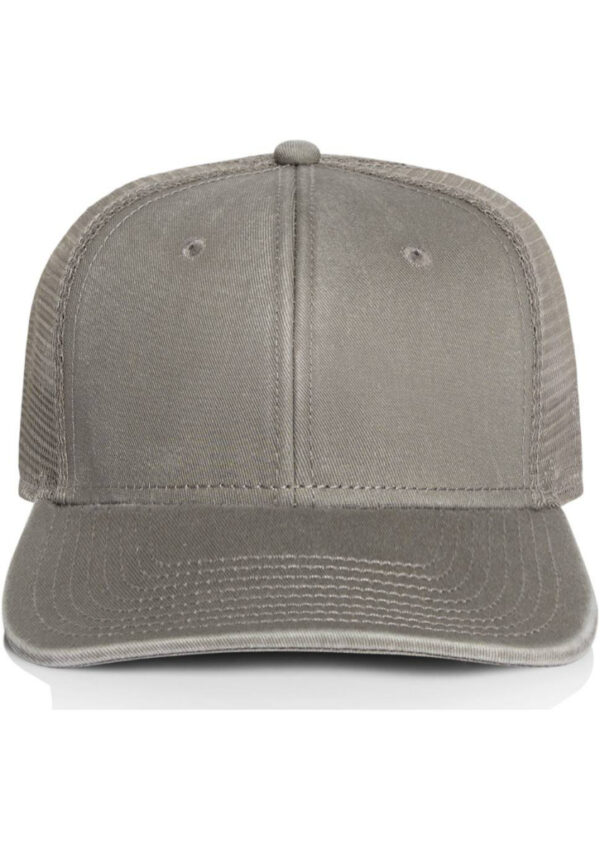 Front view of a solid gray baseball cap with a curved brim and small button on top.