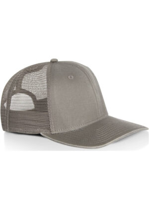 Gray trucker hat with a solid front panel and mesh back, curved brim, displayed against a white background.