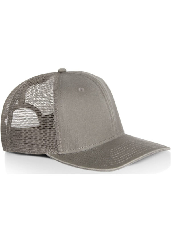 Gray trucker hat with a solid front panel and mesh back, curved brim, displayed against a white background.