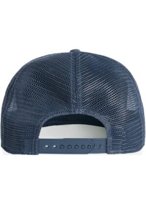 Rear view of a navy blue mesh baseball cap with an adjustable plastic snap closure