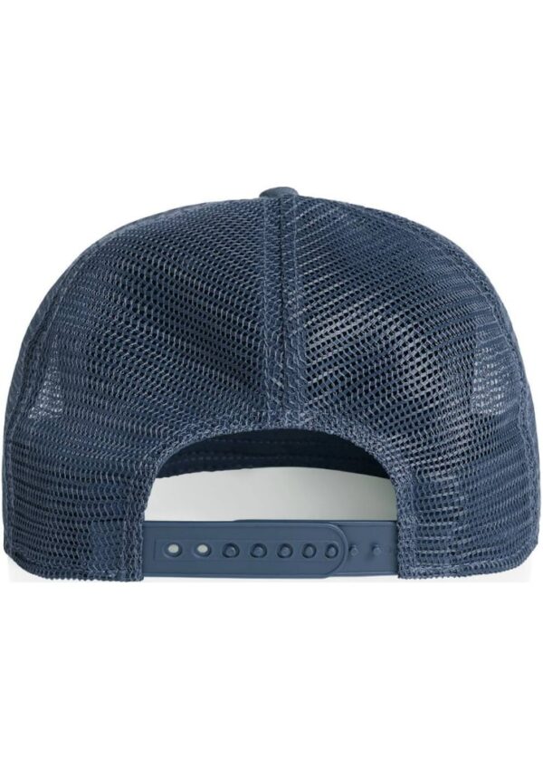 Rear view of a navy blue mesh baseball cap with an adjustable plastic snap closure