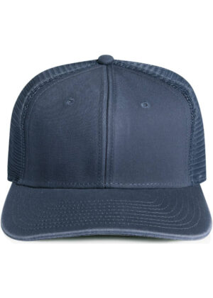 Navy blue trucker hat with curved brim and mesh back.