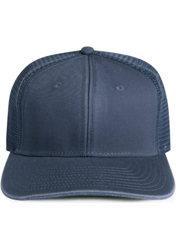 Navy blue trucker hat with curved brim and mesh back.