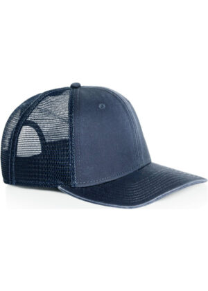 Navy blue trucker cap with a mesh back and curved brim.