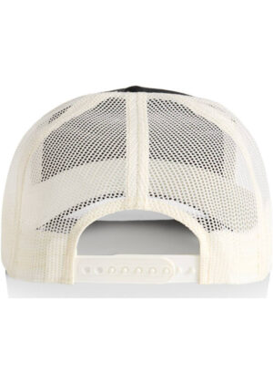Back view of a cream mesh baseball cap with an adjustable snap strap