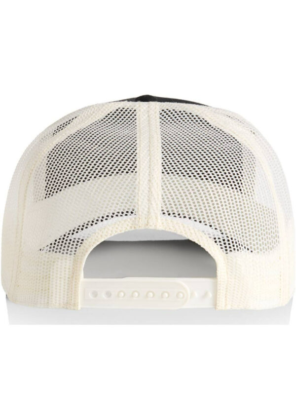 Back view of a cream mesh baseball cap with an adjustable snap strap