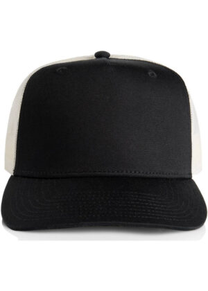 Front view of a black baseball cap with white mesh back, plain front panel and curved brim