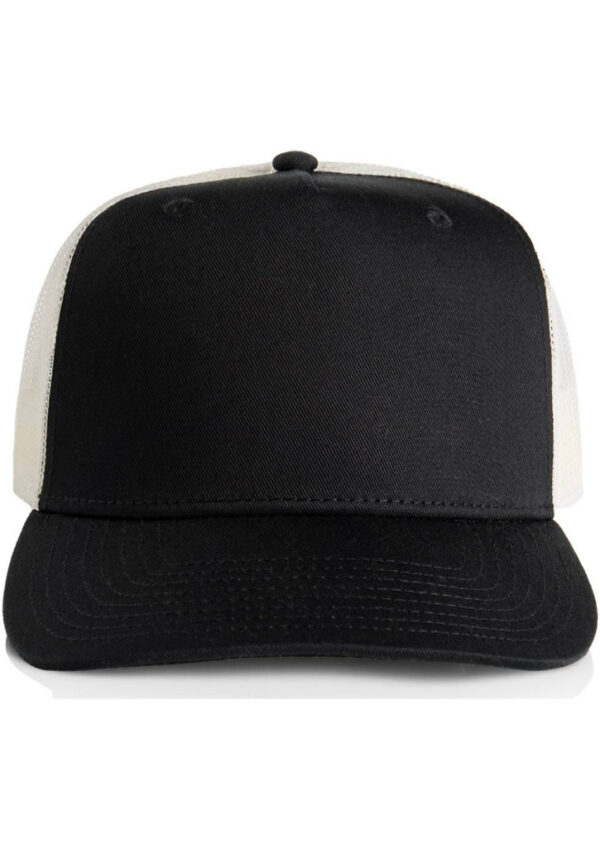Front view of a black baseball cap with white mesh back, plain front panel and curved brim
