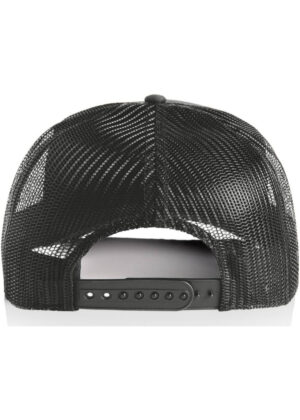 Back view of a black mesh baseball cap with an adjustable snapback closure in focus on the strap area.