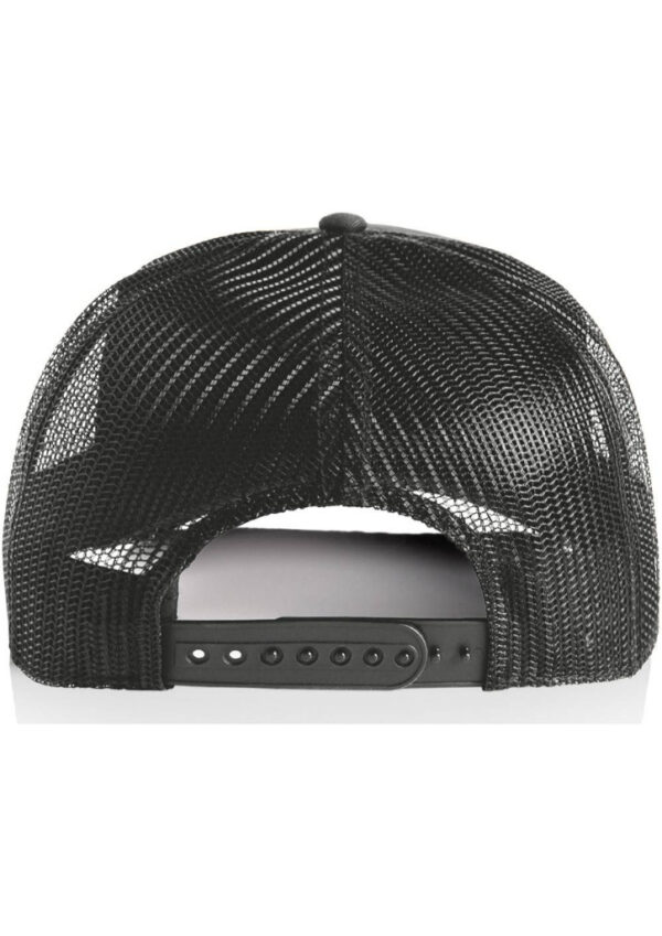 Back view of a black mesh baseball cap with an adjustable snapback closure in focus on the strap area.