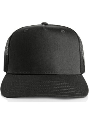 Front view of a black trucker cap with mesh sides and curved brim.