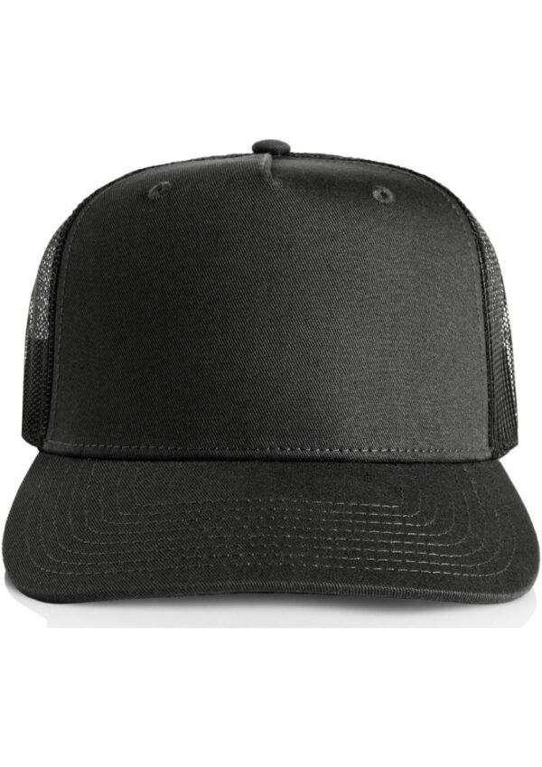 Front view of a black trucker cap with mesh sides and curved brim.