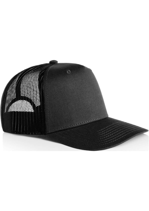 Black trucker hat with mesh back and curved brim