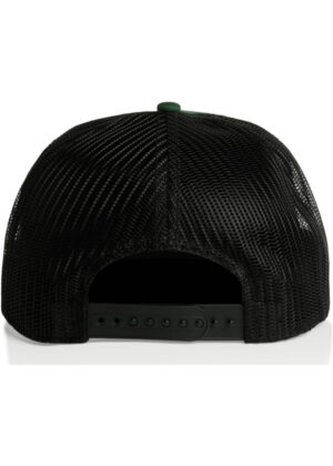 Back view of a black mesh trucker hat with a plastic snapback strap and green button at the crown.